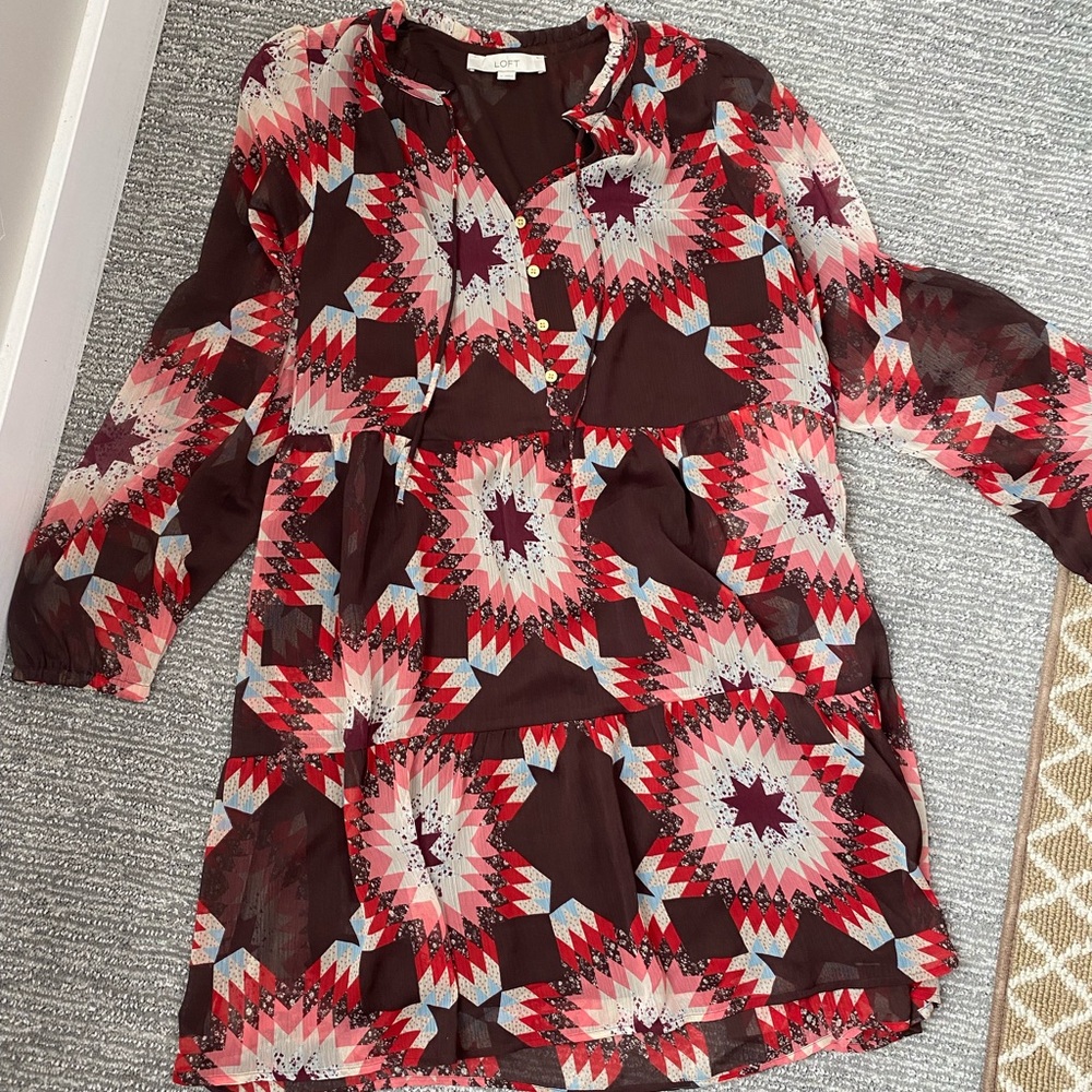 Long sleeve LOFT midi dress | Patterned wear to work LOFT Dress |